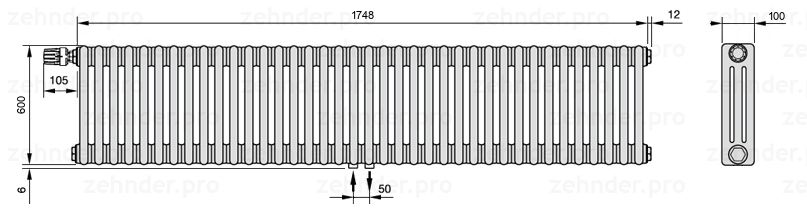 Схема (чертеж) Радиатор Zehnder Charleston 3060/38 №V007 Белый глянцевый RAL 9016